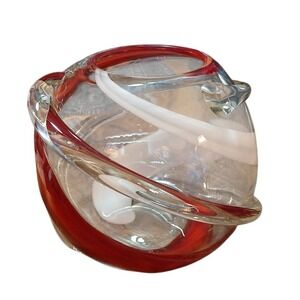 Vtg Gerson International 6.25"T 3D Clear Glass Vase Outside Red White Spiral
